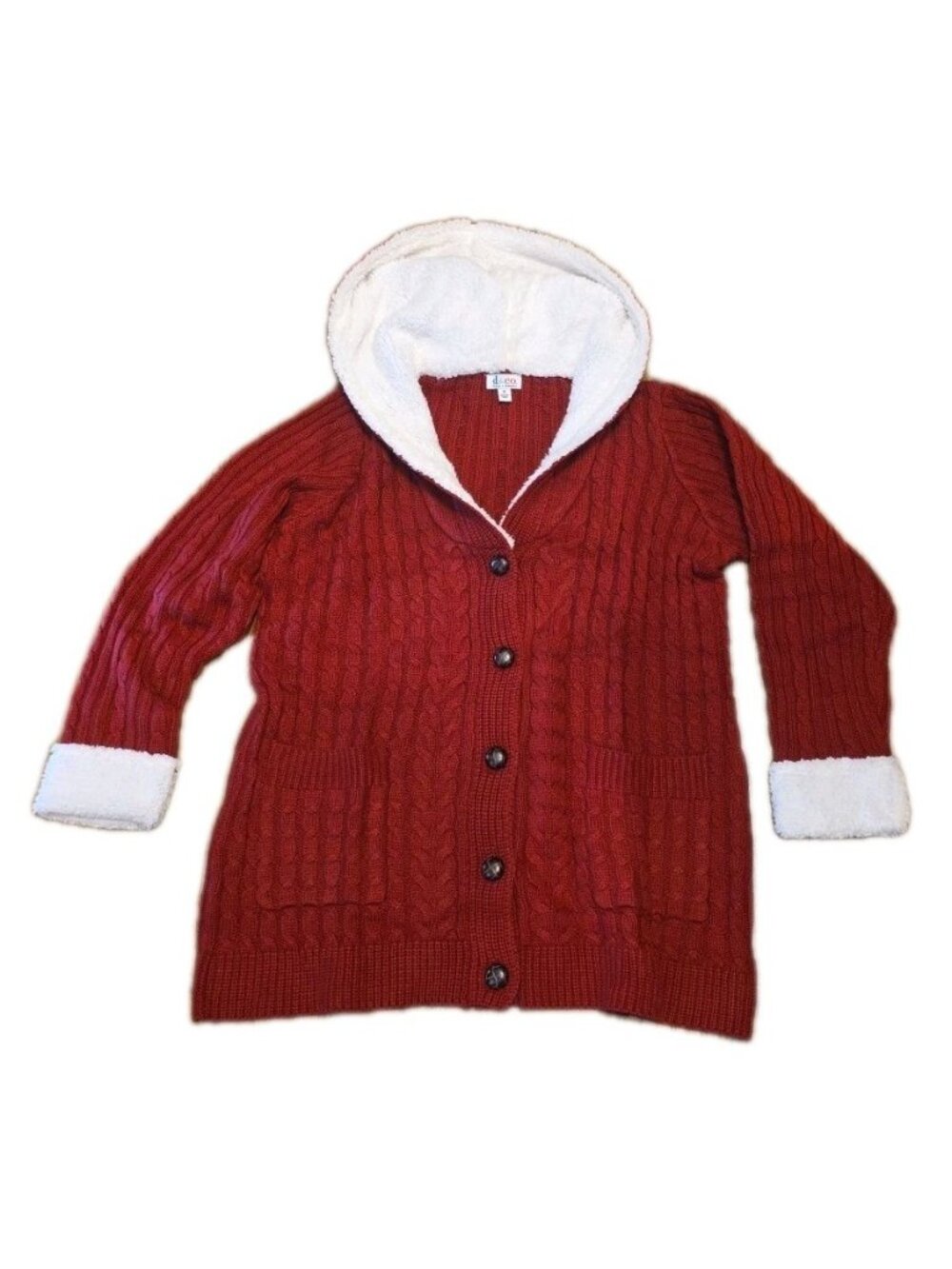 d&co Denim & Company Hooded Cable Knit Cardigan Sherpa Lined Red 1X NEW